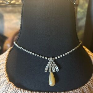 Vintage 1950s Rhinestone Baguettes-Choker Necklace with Pearl Teardrop Necklace